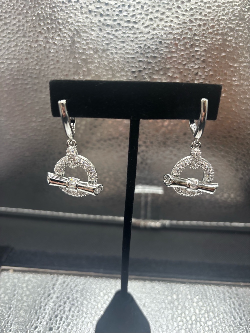 Sterling Silver Pave Toggle Hoop Drop Earrings - White